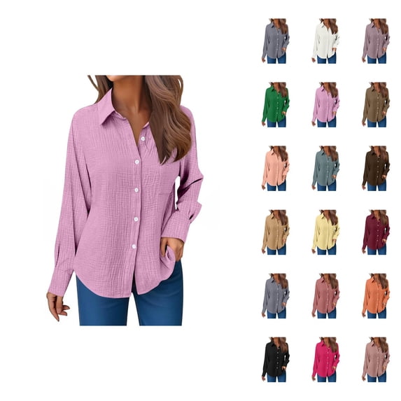 Dress Shirts for Women Long Sleeve Lapel Collar Button Down Crinkle Plain Business Casual Office Work Shirt Spring Blouse