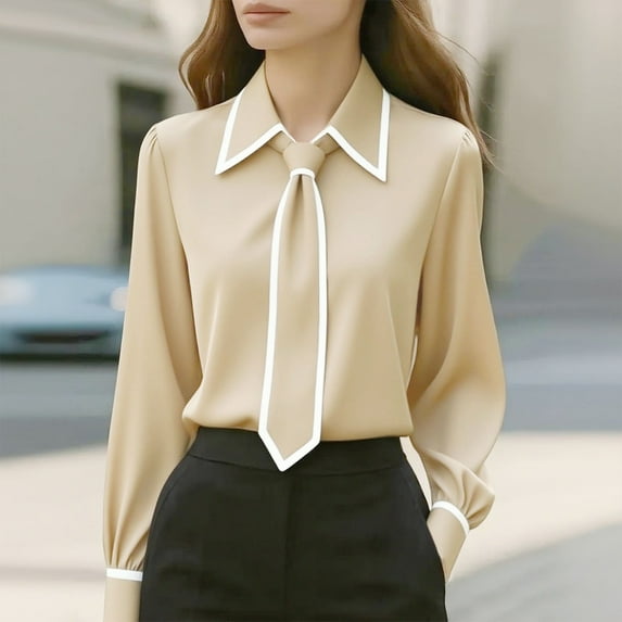 Dress Shirts for Women with Cuffed,Bow Tie Casual Loose Fit Pullover Blouse with Collar for Office Work