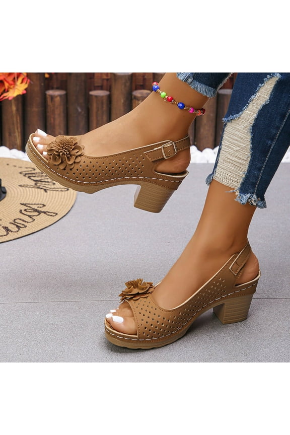 Dress Shoes For Women Open Toe Ankle Buckle Heel Cut Out Sandals Casual Solid Color Hollow Out Floral Sandal Dressy Wedding Dance Shoes