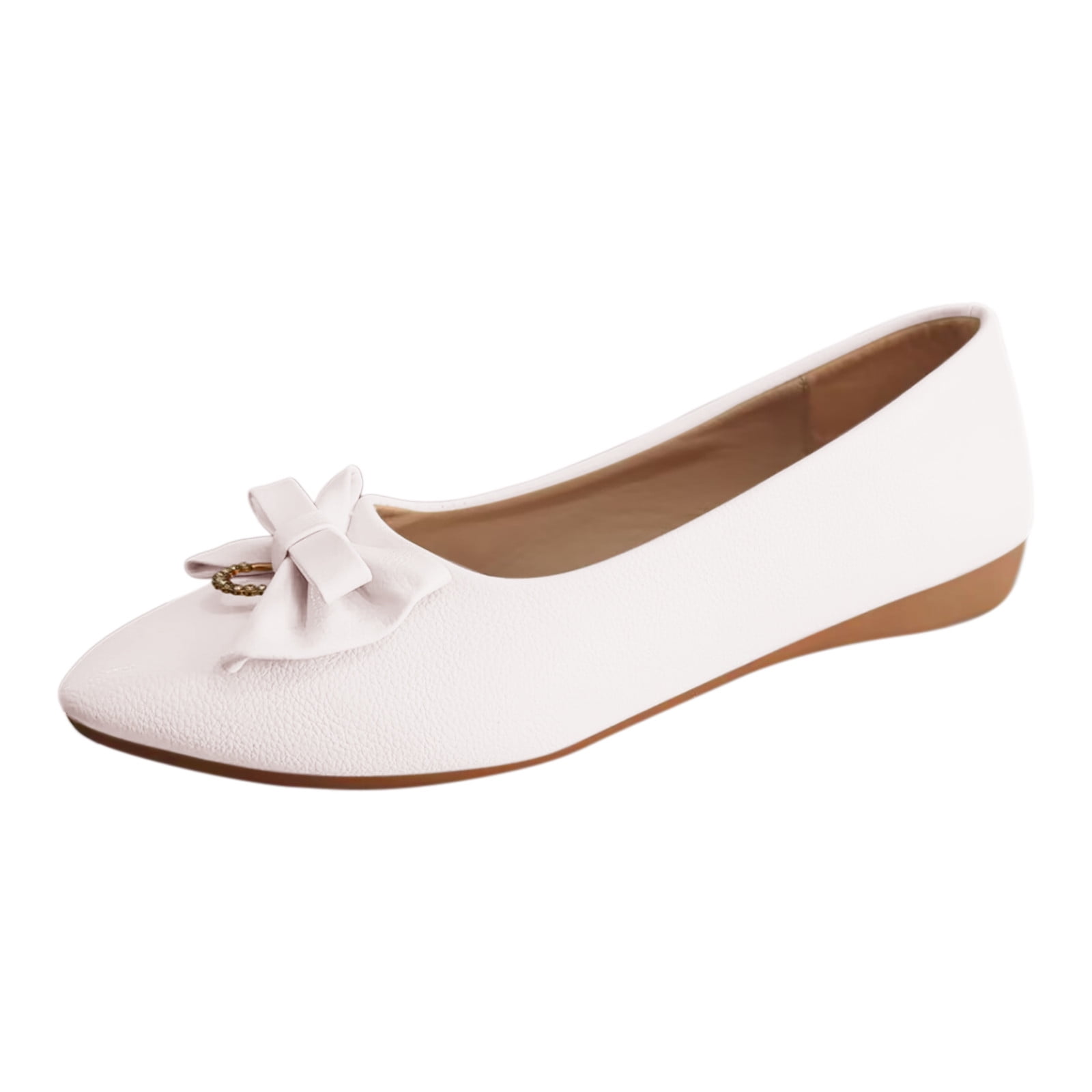 Dress Shoes for Women Flats Ladies Round Toe Women Flat Shoes Slip On Girls Dress Black Ballet Flats Pure Color Bowknot Rhinestone Low Heel Flat Bottom Single Shoes Loafers White 8.5