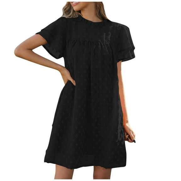 Dress Shoes For Women, Smocked Casual Round Neck Loose Double Layer Short Sleeve Swiss Dot Lace Short Sundress Womens Summer Dresses Women 2025 Vacation Winter Dresses Casual (L, Black) ZMTing