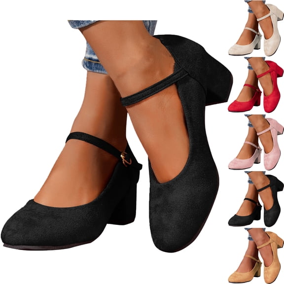 Dress Shoes for Women Solid Color Medium Heeled and Thick Heeled Shoes with A Straight Buckle and Shallow Mouth Suede for Women Close Toe Classic Round Toe Comfortable Mary Jane Dress Shoes