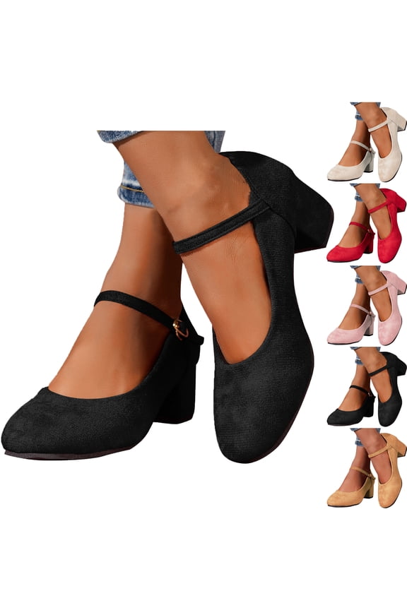 Dress Shoes for Women Solid Color Medium Heeled and Thick Heeled Shoes with A Straight Buckle and Shallow Mouth Suede for Women Close Toe Classic Round Toe Comfortable Mary Jane Dress Shoes