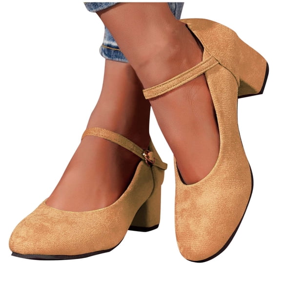 Dress Shoes for Women Solid Color Medium Heeled and Thick Heeled Shoes with A Straight Buckle and Shallow Mouth Suede for Women Close Toe Classic Round Toe Comfortable Mary Jane Dress Shoes