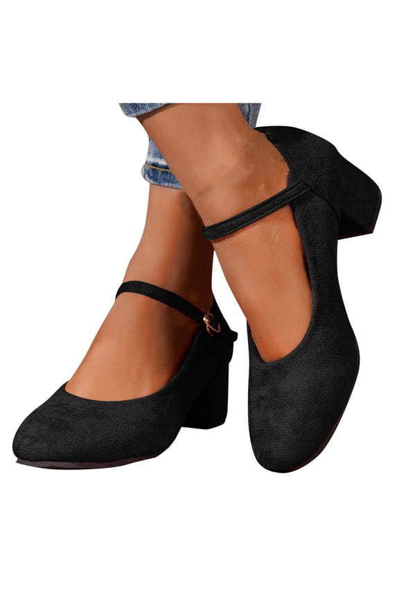 Dress Shoes for Women Solid Color Medium Heeled and Thick Heeled Shoes with A Straight Buckle and Shallow Mouth Suede for Women Close Toe Classic Round Toe Comfortable Mary Jane Dress Shoes
