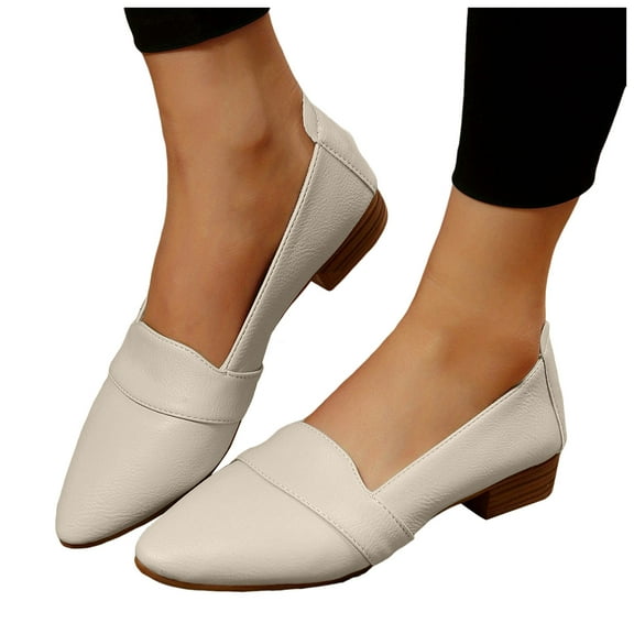 Dress Shoes for Women Ladies 2025 White Leather Pointed Toe Chunky Mid Heels Formal Slip on Dressy Pumps Fall