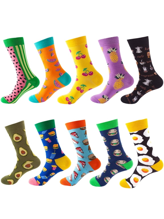 Long Multicolor Funny Novelty Christmas Cotton Dress Socks, Unisex, 10 Pack