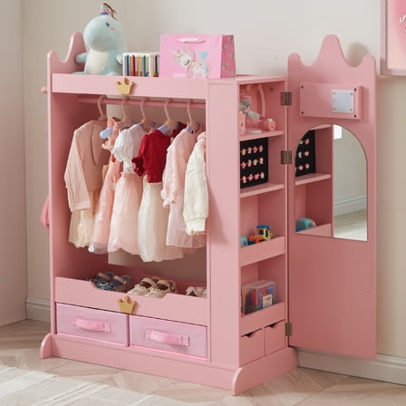 Dress Up Storage, Kids Armoire Closet with Mirror and Shelves, Princess Dress Up Rack for Little Girls, Kids Clothing Rack Wardrobe Closet for Bedroom, Playroom, Girls