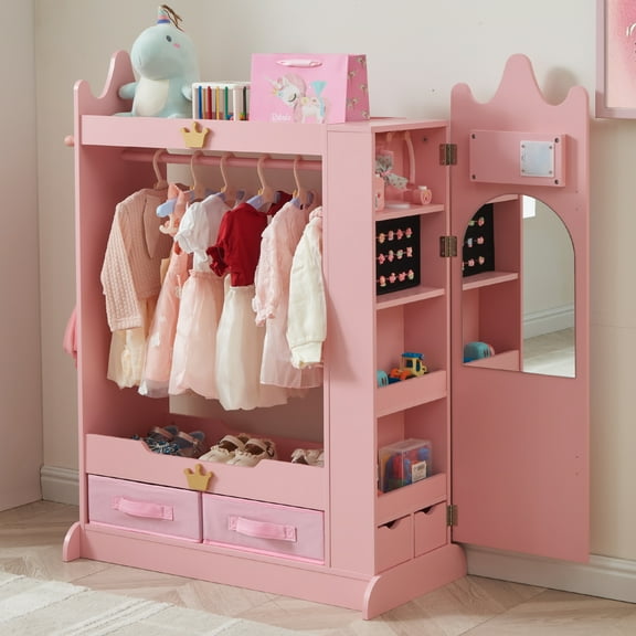 Dress Up Storage, Kids Armoire Closet with Mirror and Shelves, Princess Dress Up Rack for Little Girls, Kids Clothing Rack Wardrobe Closet for Bedroom, Playroom, Girls