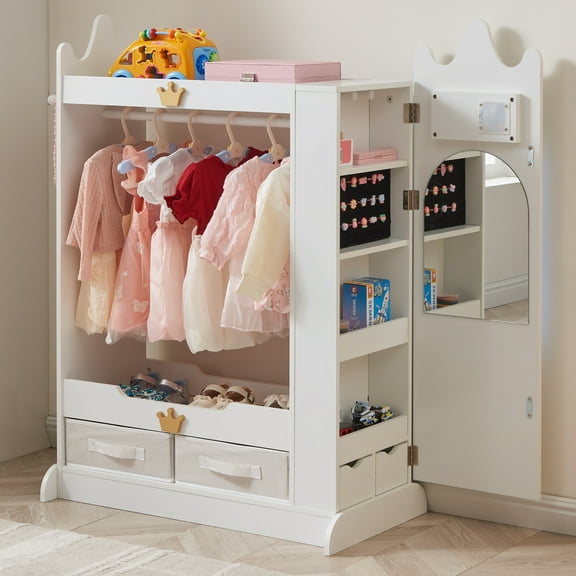 Dress Up Storage, Kids Armoire Closet with Mirror and Shelves, Princess Dress Up Rack for Little Girls, Kids Clothing Rack Wardrobe Closet for Bedroom, Playroom, Girls