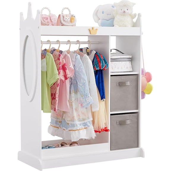 Dress Up Storage with Mirror, Kids Armoire with Hanging Rod, Costumes Wardrobe Closet with 3 Shelves & 2 Bins, Dress Up Closet Armoire for Kidroom & Playroom (Pink)