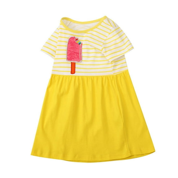Dress Summer Round Neck Mesh Dress Princess Skirt Girls Skirt Ice Print Yellow Stripes Casual Dress,Size 6 Years