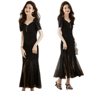 Dress Summer Square Neck Lace Dress Long Female Korean Slim Temperament Black 2Xl Gentle Wind Fairy Classical Leisure