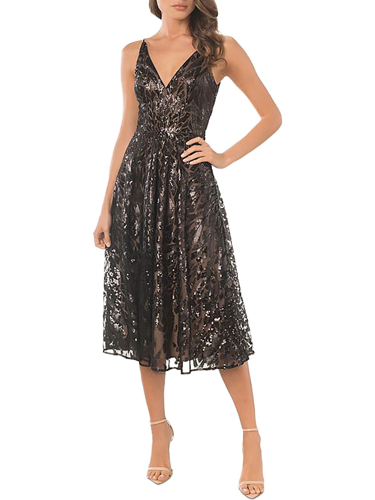BLACK Sequin Dress The Population Women's Fit Flare Dress - V-Neck Pleated  Midi Dress Dress The Population Womens Fit Flare Dresses