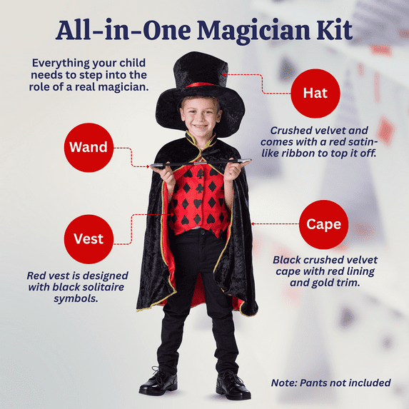 Dress Up America Magician Costume for Kids - Magician Cape, Hat and Wand Set - Magic Dress Up Costume for Boys and Girls Black