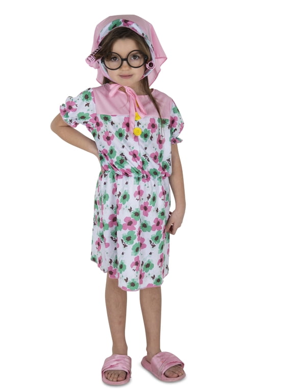 Granny Costume for Girls - Dress, Scarf, and Hair Rollers Grandma Set for Kids