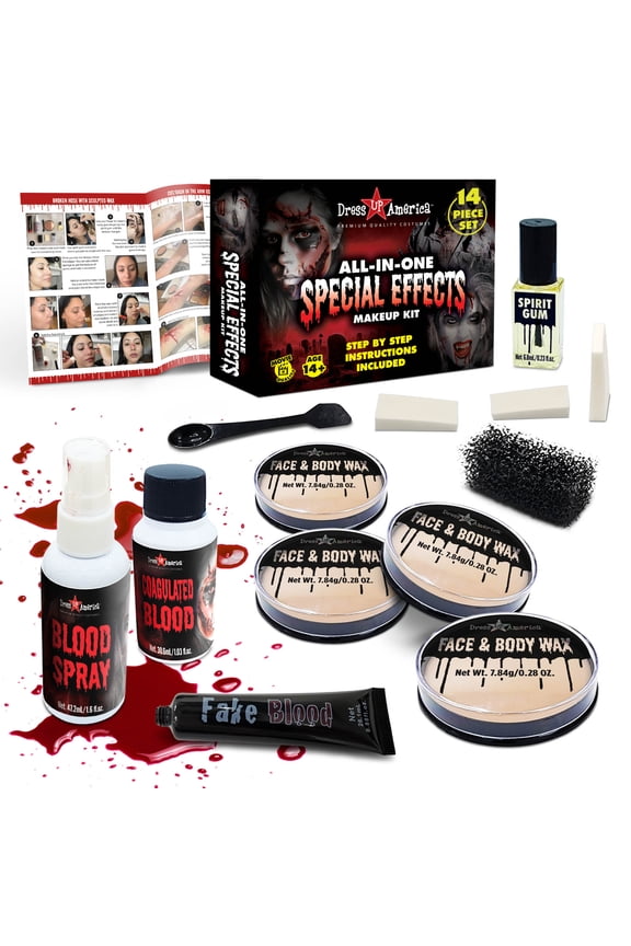 Dress-Up-America Halloween Makeup Kit - Face and Body Wax, Latex and Fake Blood Costume Face Paint Set - SFX Realistic Bloody Halloween Makeup Set for Teens and Adults