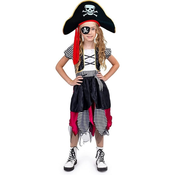 Dress-Up-America Pirate Costume for Girls - Buccaneer Pirate Costume Set for Kids - Dress, Hat, and Eye-Patch
