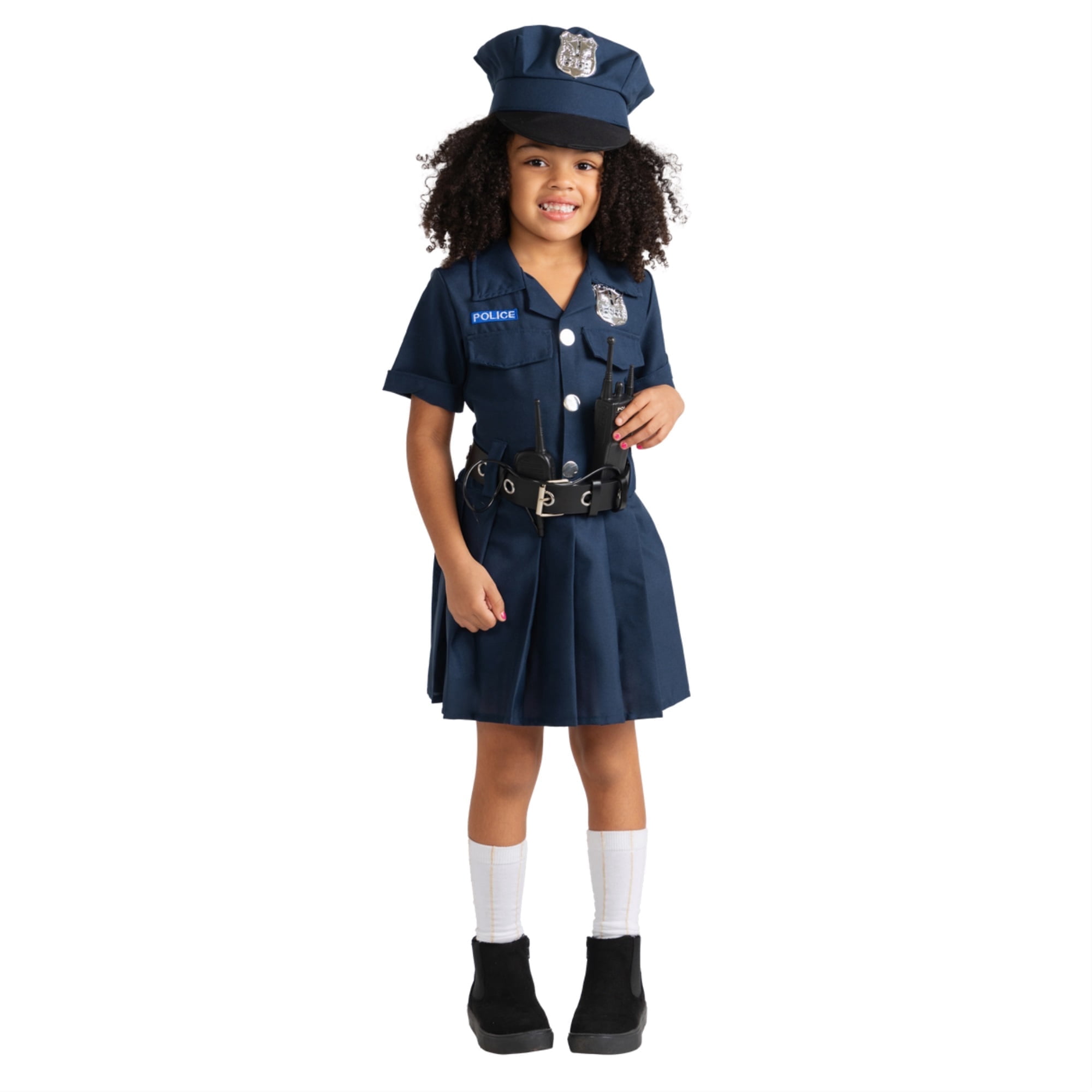 she pretends to be a police officer by dressing up Dress Up America Toddler's Police Officer Costume - Children's Cop Outfit  with Dress, Cap, and Belt