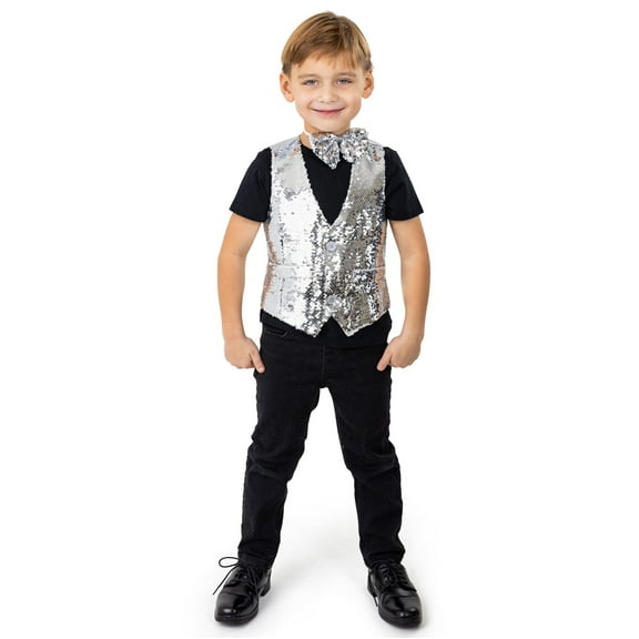 Dress-Up-America Sequin Vest with Bowtie - Sparkly Vest for Boys - Costume Party Vest for Kids - Boys Sequin Vest (Silver)