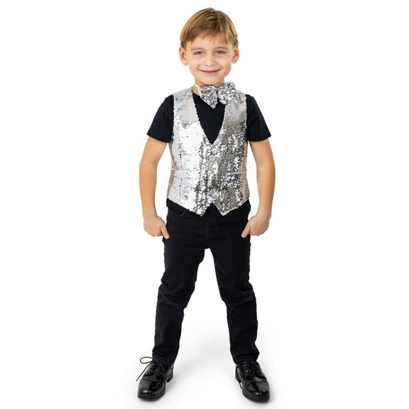 Dress-Up-America Sequin Vest with Bowtie - Sparkly Vest for Boys - Costume Party Vest for Kids - Boys Sequin Vest (Silver)
