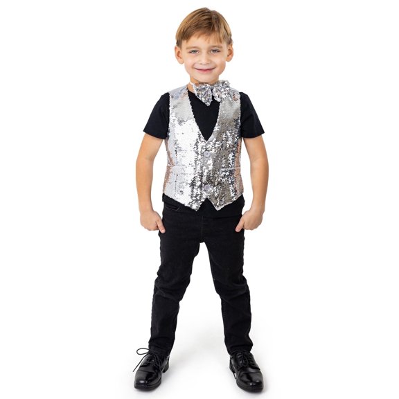 Dress Up America Boys Silver Sequin Costume Vest with Bow Tie, Sparkly Party Accessory