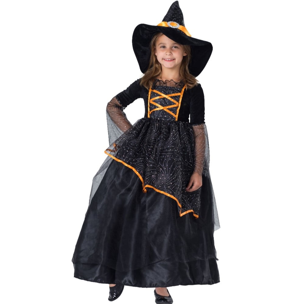Black and Orange Toddler Witch Costume with Starry Tulle Overlay
