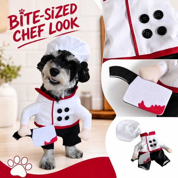 Dress Up, Pet Party Outfit, Pet Outfit, Halloween Dog, White S Size Small Dog Chef Halloween Set with Uniform and Plain White Chef Hat, Machine Washable Polyester Pet Wear That