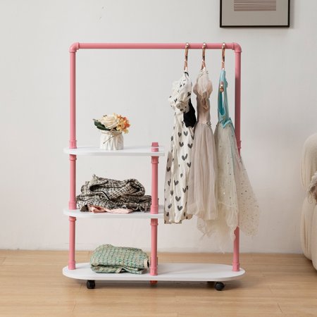 Dress Up Racks, Child Garment Racks, Kids Clothing Racks with Three Storage Shelves, Small Open Wood Clothes Rack with Rolling Wheels for Small Spaces, Industrial Pipes Garment Rack, Pink White