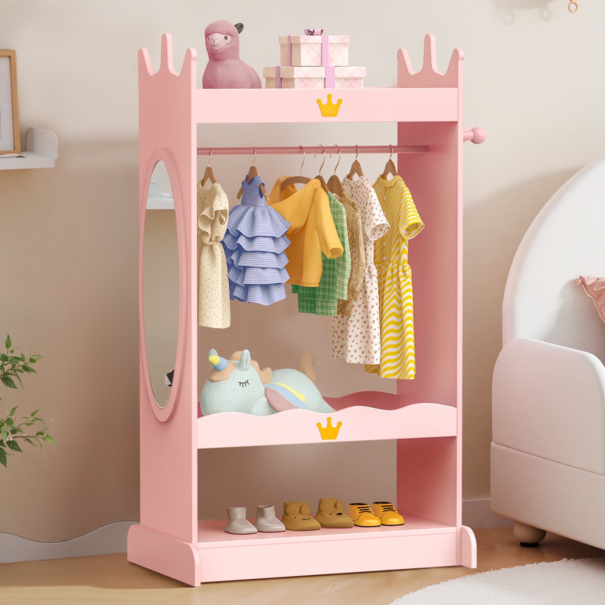 Kids Dress Up Storage with Mirror, Princess Dress Up Closet for Little Girls, Toddler Wardrobe Armoire Organizer with Hanging Rod & Hooks, Pink Costume Storage for Nursery & Playroom