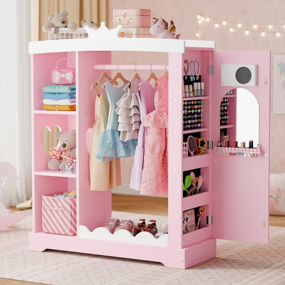 Dress Up Wardrobe with Hidden Jewelry Cabinet,Armoire with Mirror and Storage Shelves, Costume Closet for Bedroom, Pink