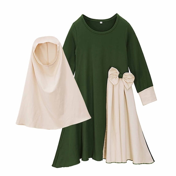 Dress for Wedding Guest Muslim Long Dress Girls' Long-Sleeved Round Neck Patchwork Color Long Dress+Headband Cover Two-Piece Set New Long Sleeve Round Neck Ankle Dress Green 2-3T