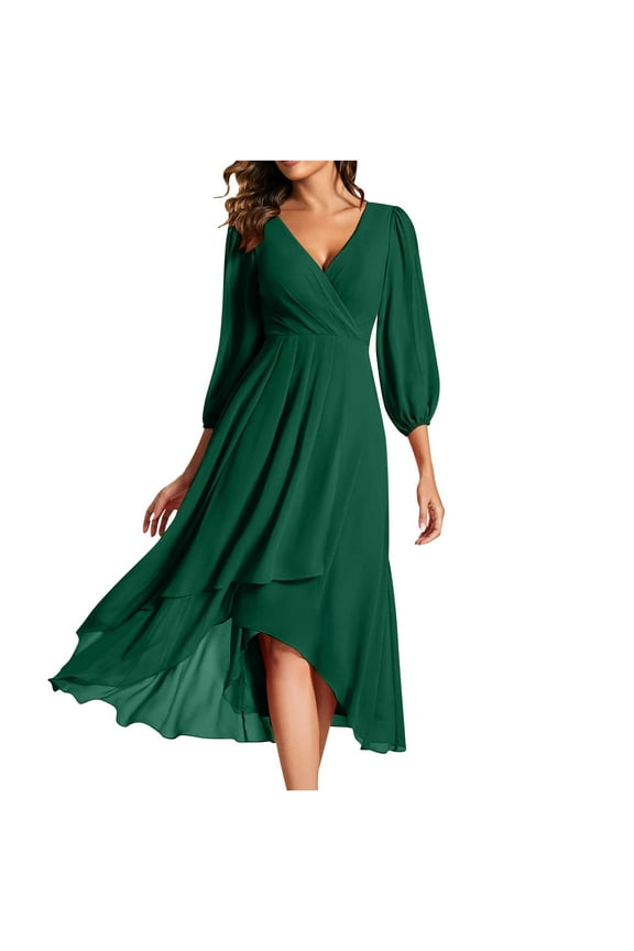 Long Sleeve Dress Women's Chiffon Bridal Gown: 3/4 Sleeve V-Neck A-Line Midi Dress with Pleated Detail Long Sleeve Wedding Dress