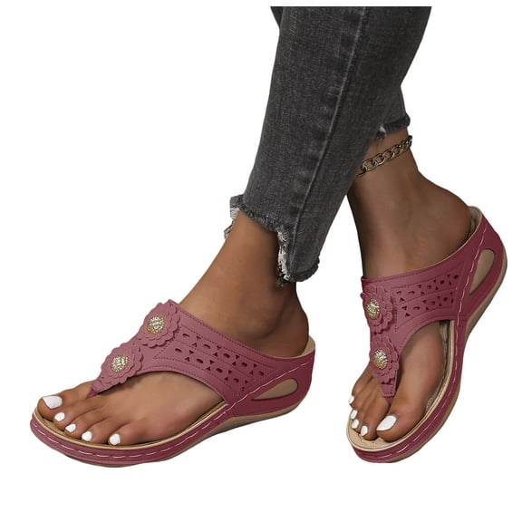 Dress Wedge Flip Flop Sandals for Women Bohemian Flower Leather Comfortable Orthopedic Mid Heel Slip on Shoes