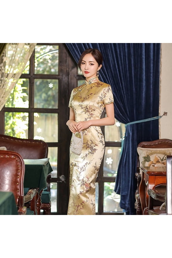 Dress Women Cheongsam Short Sleeve Front Split Vintage Long Dress Plum Qipao Chinese Traditional Dress Clothing