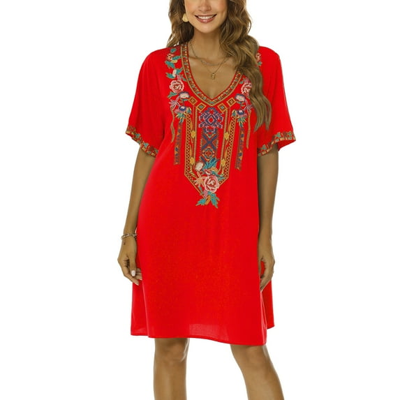 Higustar Dress for Women Plus Size Short Sleeve V Neck Midi Dresses Summer Fall Casual Maxi Boho Floral Embroidered Flowy Peasant Petite Dress-446/Red-2XL