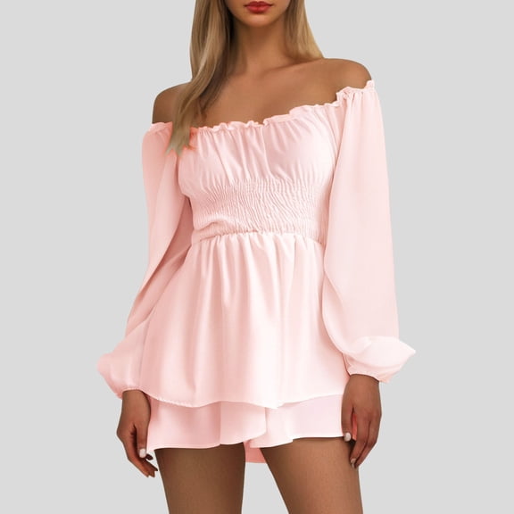 Dress For Women Ruffled Layered Culottes Crew Neck Off Shoulder Swing Mini Dress Jumpsuits Fisherman Overalls Women Bodysuit for Women Jumpsuit Rompers And Jumpsuits plus Glittery Suit Fabric Overalls