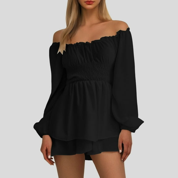 Dress For Women Ruffled Layered Culottes Crew Neck Off Shoulder Swing Mini Dress Jumpsuits Womens Denim Rompers Pantsuit for Women Turtleneck Long Sleeve for Women Floral Jumpsuit Turtle Necks for