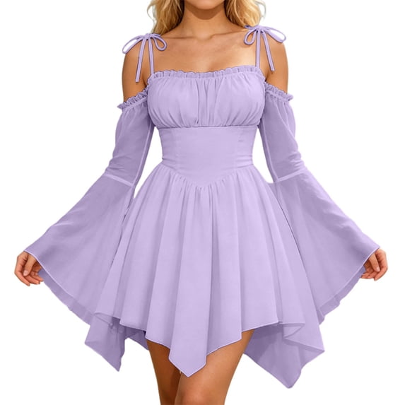 Dress for Women Off Shoulder Tie Strap Bell Long Sleeve Corset Waist Irregular Hem Solid Chiffon Mini Dress Boho Fairy Style for Halloween Summer Vacation Party Daily Wear