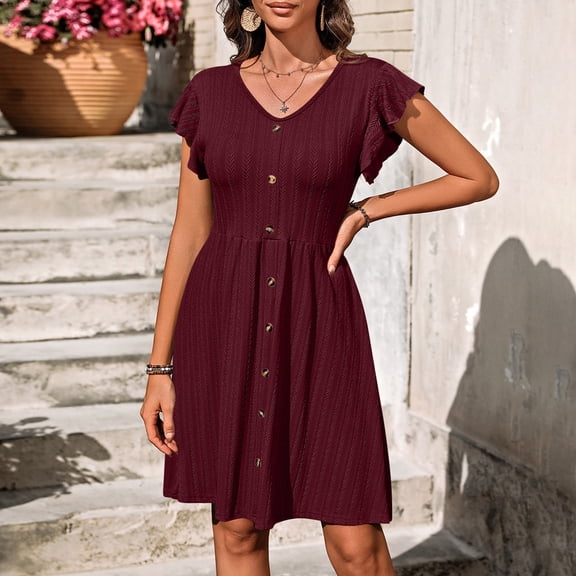 Dress For Women Soft Summer Loose Midi Dress V Neck Button Waist Elastic Short Sleeved Dress Dress for Women Loose Dresses Short Sleeve Dress Knee Length Business Casual for Women Summer Dresses with