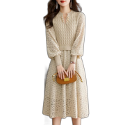 Dress Women Spring And Autumn New Solid Color Simple Fake Two Piece Versatile Temperament Bottom Dress Sweater Yangqi Knitting Brown L