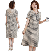 Dress Women Summer Hooded Loose Yardage Skirt Simulation Silk Printing Middle-Aged And Older Dresses Beige 2Xl