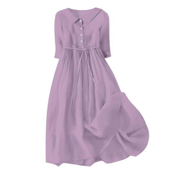 Wo-Fusoul Button Up Dress for Women Women's Solid Color 3/4 Sleeve Collared Dress with Buttons, Tie-Waist & Pleated Detail, Loose Fit Casual Wear Short Sleeve Button Up
