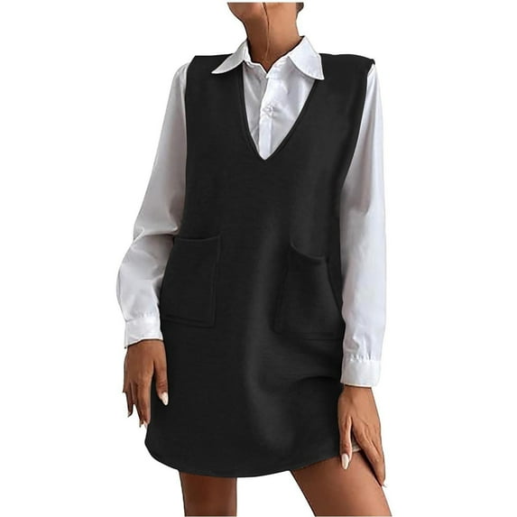 Wo-Fusoul Sleeveless Dress for Women Women's V-Neck Sleeveless Solid Color Wool-Blend Mini Dress with Side Slit & Pockets Short Dress for Women