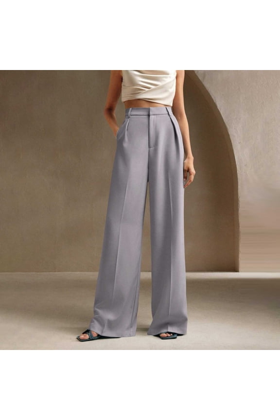 Dress Work Pants for Women Button Zip-Fly Wide Leg Stretchy Suit Trouser Business Casual Outfits With Pockets (L, Gray)
