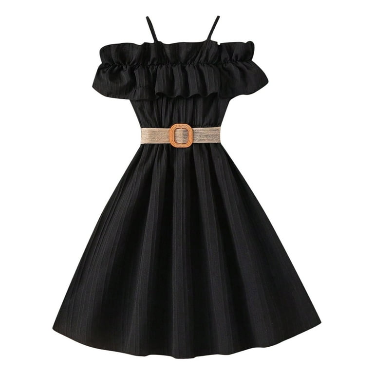 Gaexia Dress for Girls 10-12 Toddler Girls Summer Sleeveless Solid Color Princess Dress Dance Party with Belt Clothes Black, 11Y, Toddler Girl's