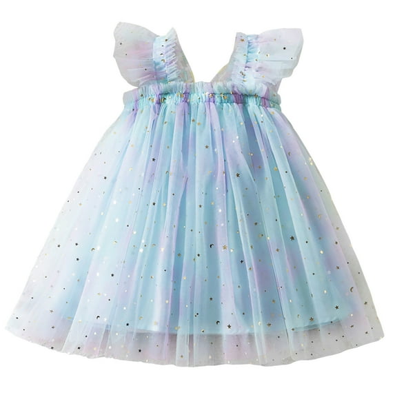 Dress for Girls Baby Sleeveless Sequins Butterfly Wing Holiday Party Mesh Dress Girls' Dresses Blue 6-12 Months