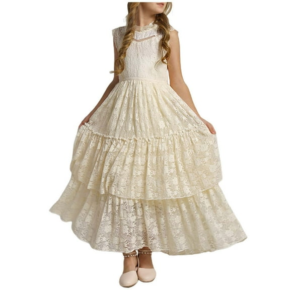Dress for Girls Baby Solid Lace Party Sleeveless Elegant Layered Princess Evening Dress Girls Dresses Beige 9-10 Years