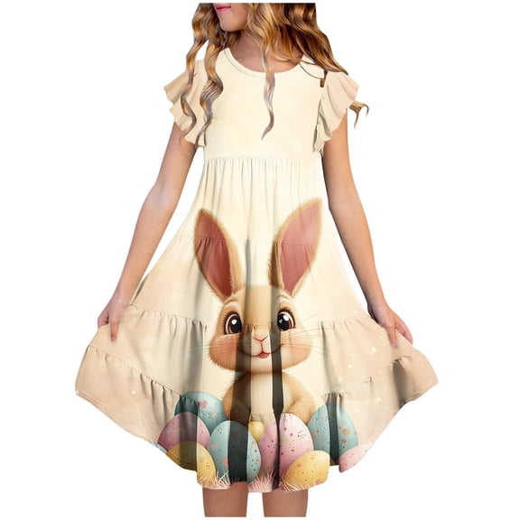 Dress for Girls Easter Casual Cute Printed Crewneck Fly Sleeve Vacation Dresses Kids Clothes Girls Size 4-15