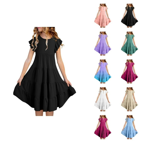 Dress for Girls Girls Party Dress Girls Summer Dresses Double Layer Flutter Sleeve Flowy A Line Dress Casual Gradient Midi Dresses